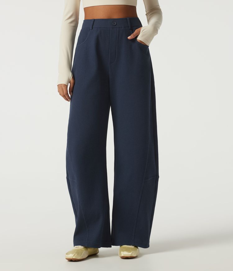 High Waisted Barrel Leg Waffle Casual Pants with Pockets High Waisted Barrel Leg Waffle Casual Pants with Pockets