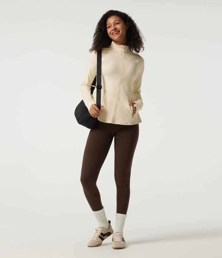 Stand Collar Long Sleeve Yoga Jacket with Pockets and Thumb Holes