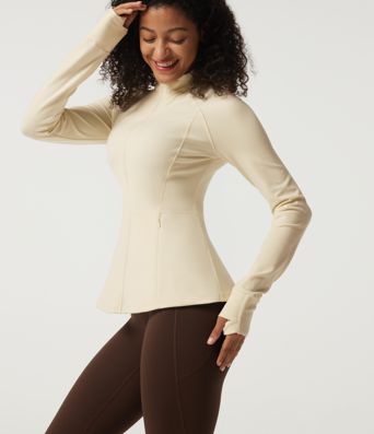 Stand Collar Long Sleeve Yoga Jacket with Pockets and Thumb Holes