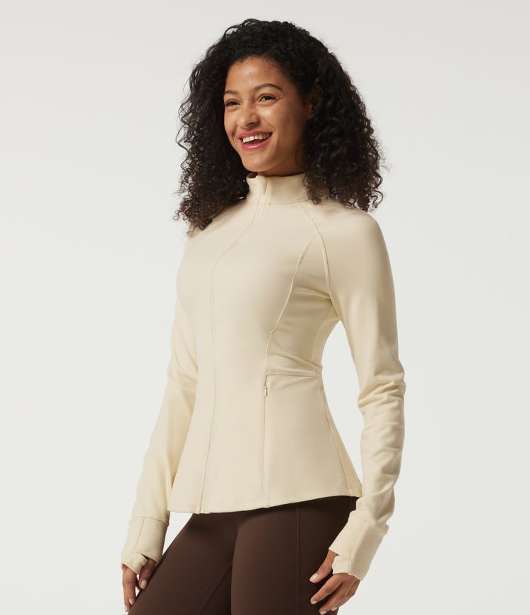 Stand Collar Long Sleeve Yoga Jacket with Pockets and Thumb Holes