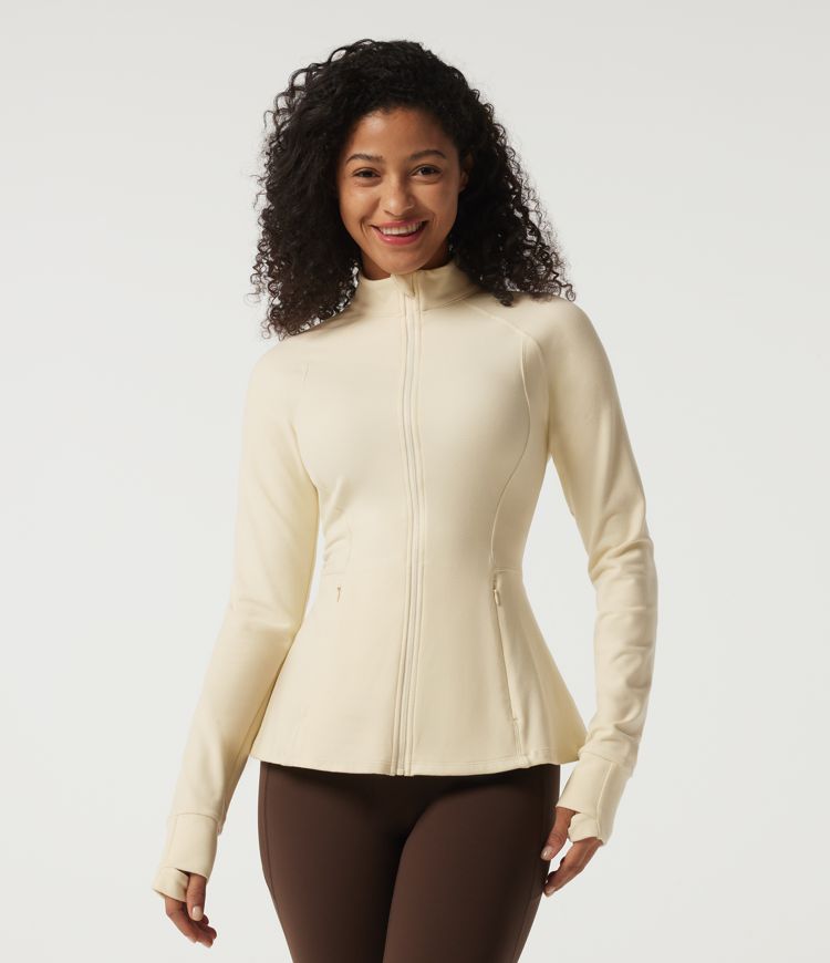 Stand Collar Long Sleeve Yoga Jacket with Pockets and Thumb Holes