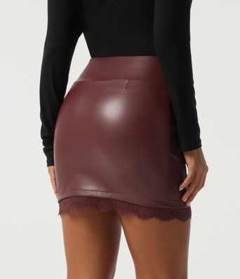 High Waisted Tummy Control 2-in-1 Contrast Lace PU Mini Party Tulip Skirt 