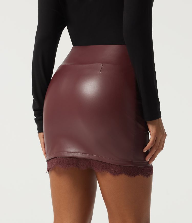 High Waisted Tummy Control 2-in-1 Contrast Lace PU Mini Party Tulip Skirt 