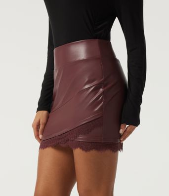 High Waisted Tummy Control 2-in-1 Contrast Lace PU Mini Party Tulip Skirt 