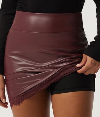 High Waisted Tummy Control 2-in-1 Contrast Lace PU Mini Party Tulip Skirt 