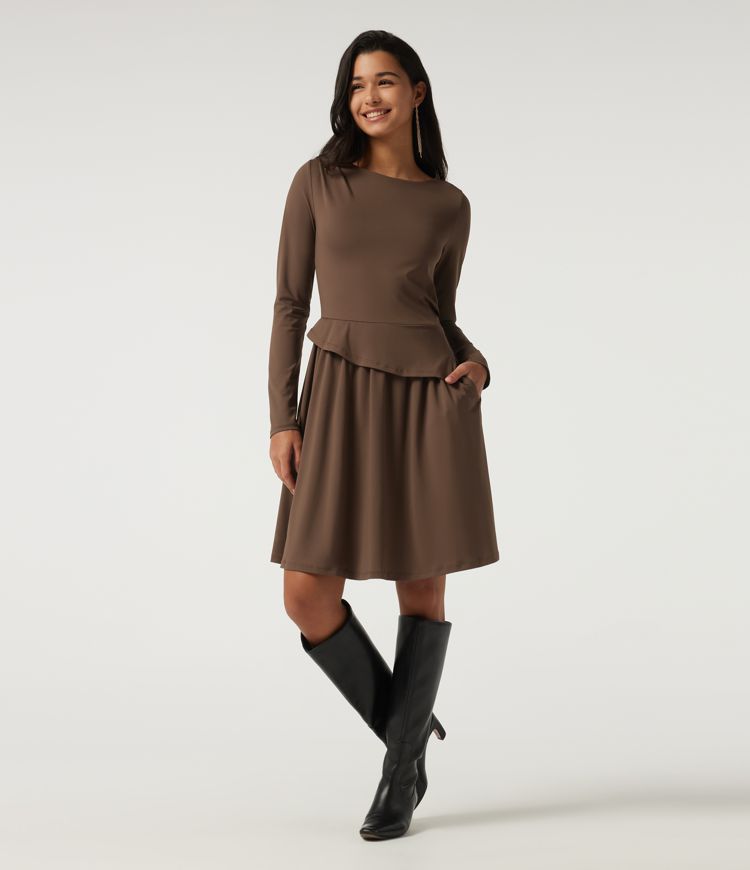 Boat Neck Long Sleeve A-Line Asymmetric Party Mini Dress with Pockets