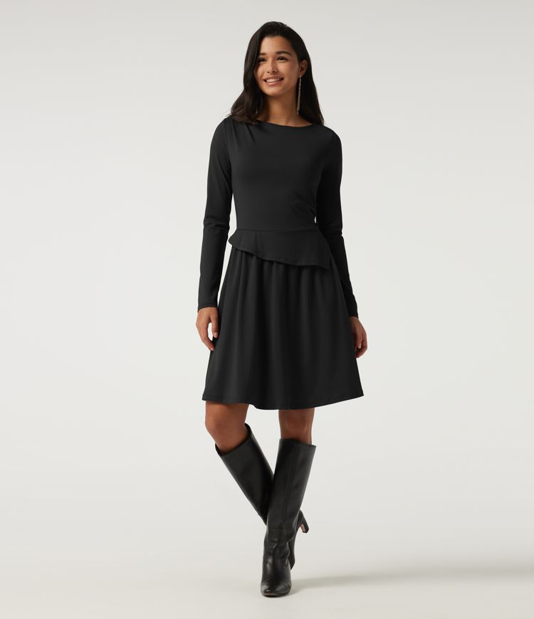 Boat Neck Long Sleeve A-Line Asymmetric Party Mini Dress with Pockets
