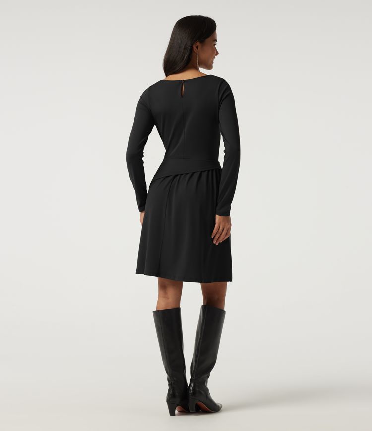 Schwarz Party-Minikleid in A-Linie mit U-Boot-Ausschnitt, Seitentaschen, langen Ärmeln und asymmetrischem Design / 2
