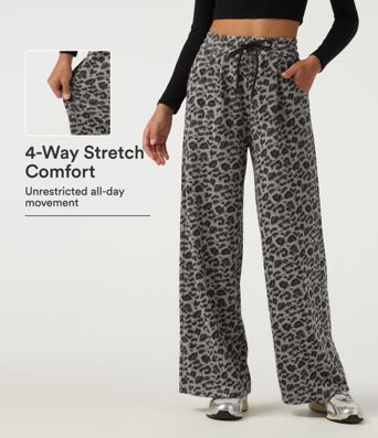 Pantalon décontracté taille haute à cordon, coupe large, imprimé léopard, avec poches Pantalon décontracté taille haute à cordon, coupe large, imprimé léopard, avec poches