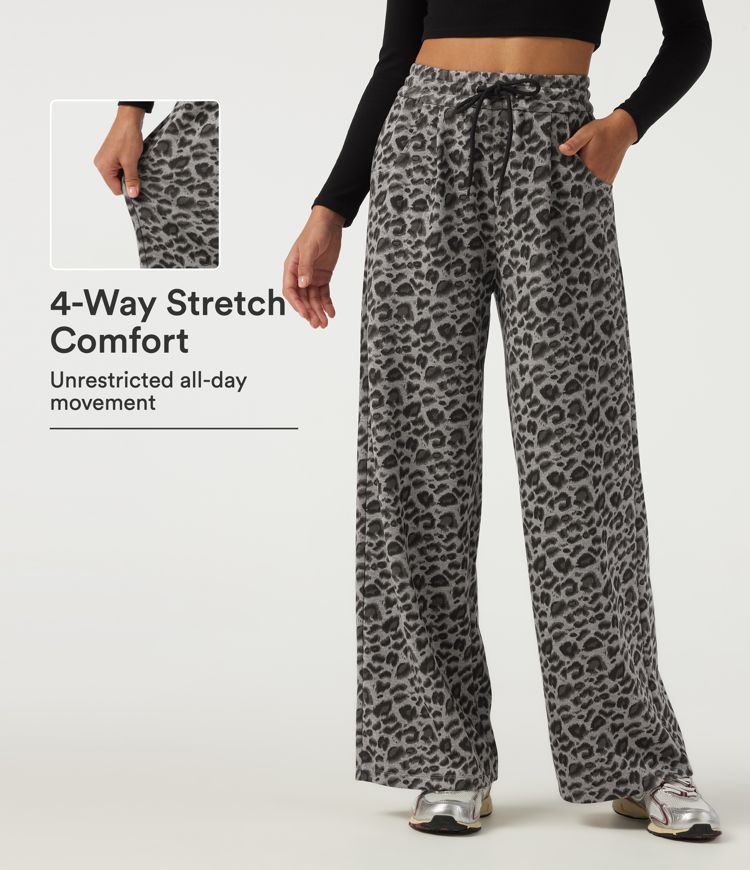 Pantalon décontracté taille haute à cordon, coupe large, imprimé léopard, avec poches Pantalon décontracté taille haute à cordon, coupe large, imprimé léopard, avec poches