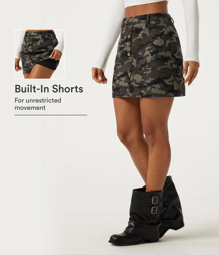 High Waisted Camo 2-in-1 A Line Mini Casual Skirt with Pocket