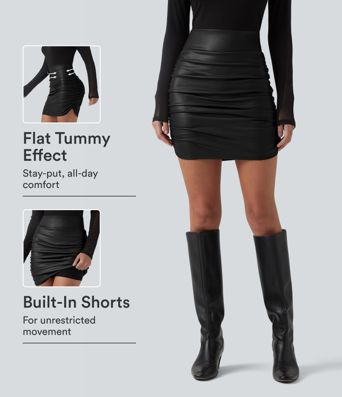High Waisted Tummy Control Ruched Curved Hem 2-in-1 Fleece PU Mini Bodycon Party Skirt-Longer Length High Waisted Tummy Control Ruched Curved Hem 2-in-1 Fleece PU Mini Bodycon Party Skirt-Longer Length