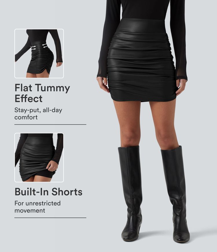 High Waisted Tummy Control Ruched Curved Hem 2-in-1 Fleece PU Mini Bodycon Party Skirt-Longer Length High Waisted Tummy Control Ruched Curved Hem 2-in-1 Fleece PU Mini Bodycon Party Skirt-Longer Length