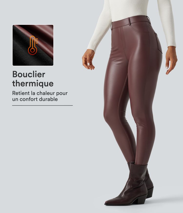 Legging skinny taille haute en simili stretch doublé polaire avec poches