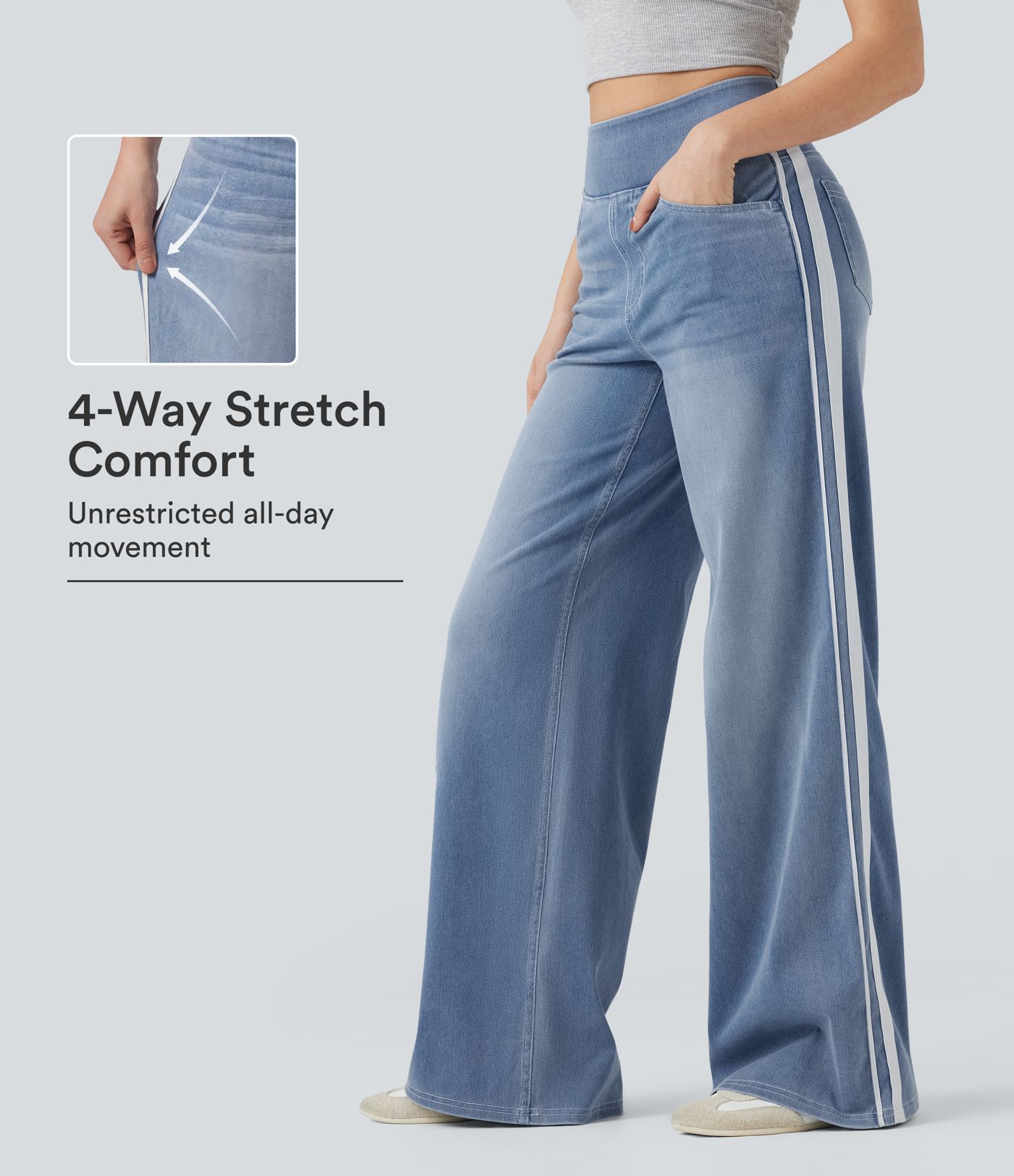 Halara Flex™ High Waisted Stripe Wide Leg Flowy Washed Casual Jeans with Pockets Halara Flex™ High Waisted Stripe Wide Leg Flowy Washed Casual Jeans with Pockets