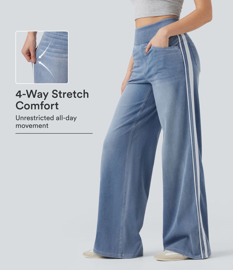 Halara Flex™ High Waisted Stripe Wide Leg Flowy Washed Casual Jeans with Pockets Halara Flex™ High Waisted Stripe Wide Leg Flowy Washed Casual Jeans with Pockets