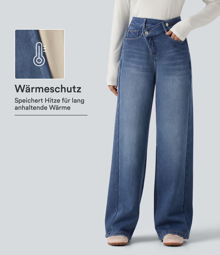 Lässige Baggy-Fleece-Jeans aus Baumwolle mit hohem Crossover-Bund und Seitentaschen