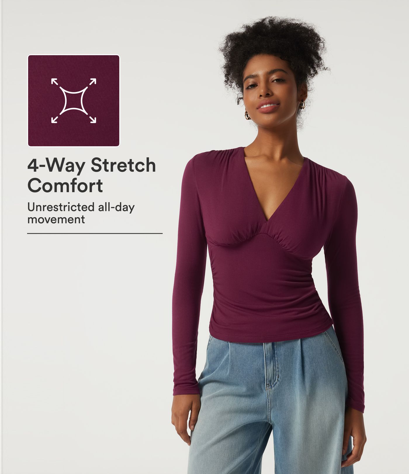Ribbed V Neck Long Sleeve Ruched Casual Top with Built-in Bra Ribbed V Neck Long Sleeve Ruched Casual Top with Built-in Bra