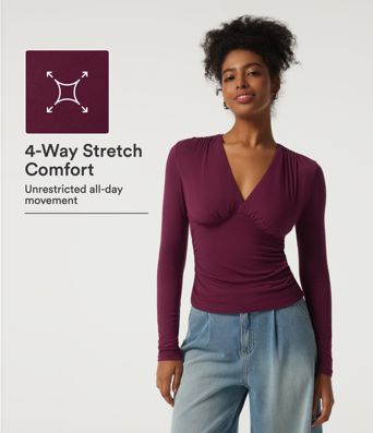 Ribbed V Neck Long Sleeve Ruched Casual Top with Built-in Bra Ribbed V Neck Long Sleeve Ruched Casual Top with Built-in Bra