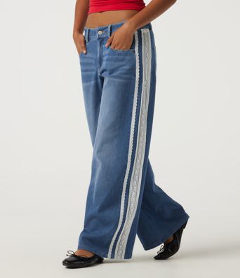 Halara Flex™ Low-Rise Baggy-Jeans mit Kontrastspitze, lässig, mit Taschen Halara Flex™ Low-Rise Baggy-Jeans mit Kontrastspitze, lässig, mit Taschen