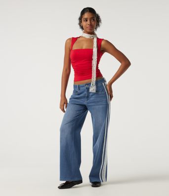 Halara Flex™ Low-Rise Baggy-Jeans mit Kontrastspitze, lässig, mit Taschen Halara Flex™ Low-Rise Baggy-Jeans mit Kontrastspitze, lässig, mit Taschen