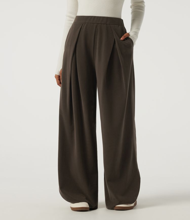 Wrinkle Recovery High Waisted Baggy Split Hem Corduroy Casual Pant with Pockets