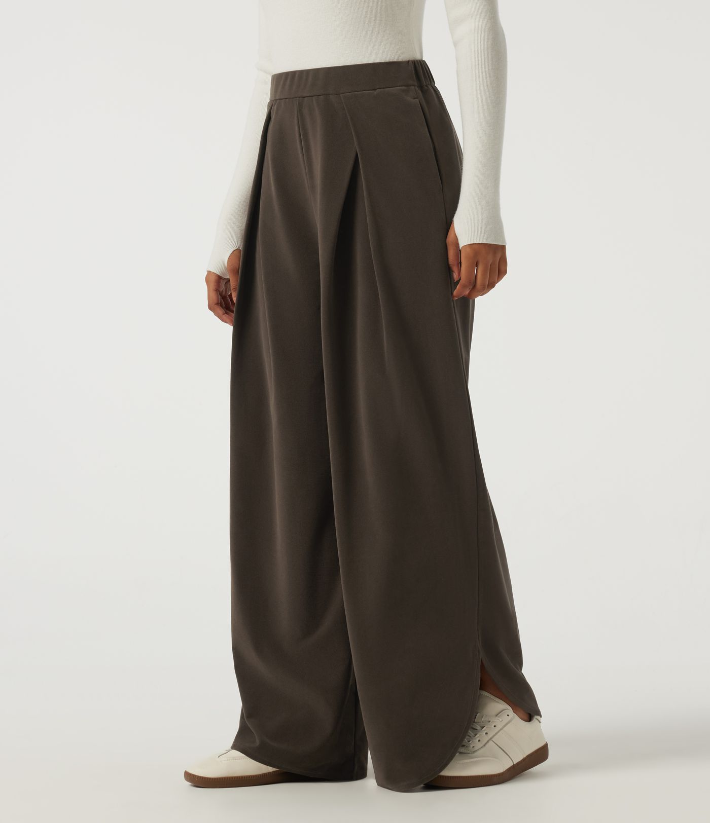Wrinkle Recovery High Waisted Baggy Split Hem Corduroy Casual Pant with Pockets