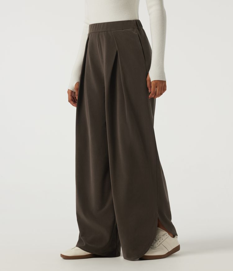 Wrinkle Recovery High Waisted Baggy Split Hem Corduroy Casual Pant with Pockets