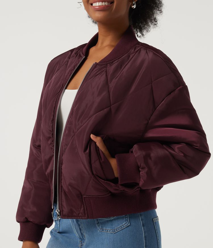 Round Neck Long Sleeve Casual Bomber Jacket with Pockets Round Neck Long Sleeve Casual Bomber Jacket with Pockets
