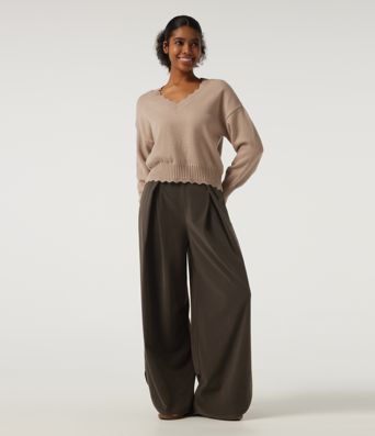 Wrinkle Recovery High Waisted Baggy Split Hem Corduroy Casual Pant with Pockets