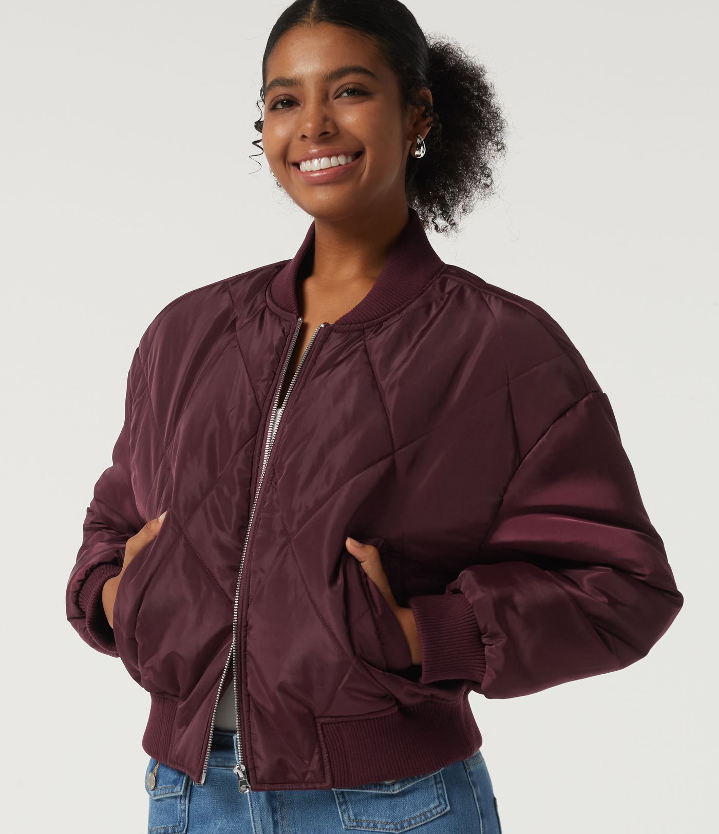Round Neck Long Sleeve Casual Bomber Jacket with Pockets Round Neck Long Sleeve Casual Bomber Jacket with Pockets