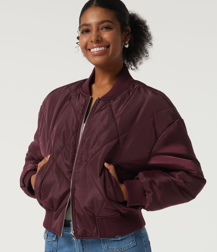 Round Neck Long Sleeve Casual Bomber Jacket with Pockets Round Neck Long Sleeve Casual Bomber Jacket with Pockets