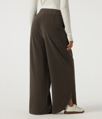 Wrinkle Recovery High Waisted Baggy Split Hem Corduroy Casual Pant with Pockets