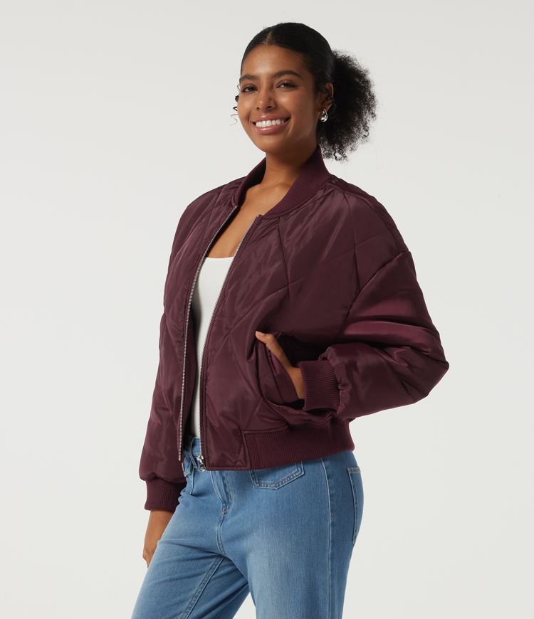 Round Neck Long Sleeve Casual Bomber Jacket with Pockets Round Neck Long Sleeve Casual Bomber Jacket with Pockets