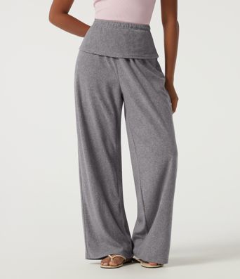 High Waisted Foldover Flare Fleece Casual Pants with Pockets High Waisted Foldover Flare Fleece Casual Pants with Pockets
