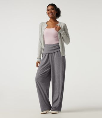 High Waisted Foldover Flare Fleece Casual Pants with Pockets High Waisted Foldover Flare Fleece Casual Pants with Pockets