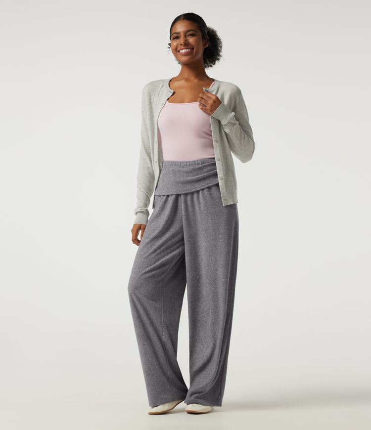 High Waisted Foldover Flare Fleece Casual Pants with Pockets High Waisted Foldover Flare Fleece Casual Pants with Pockets