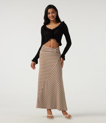 Ribbed Knit Mid Rise Asymmetric Ruched Stripe Maxi Casual Mermaid Skirt Ribbed Knit Mid Rise Asymmetric Ruched Stripe Maxi Casual Mermaid Skirt