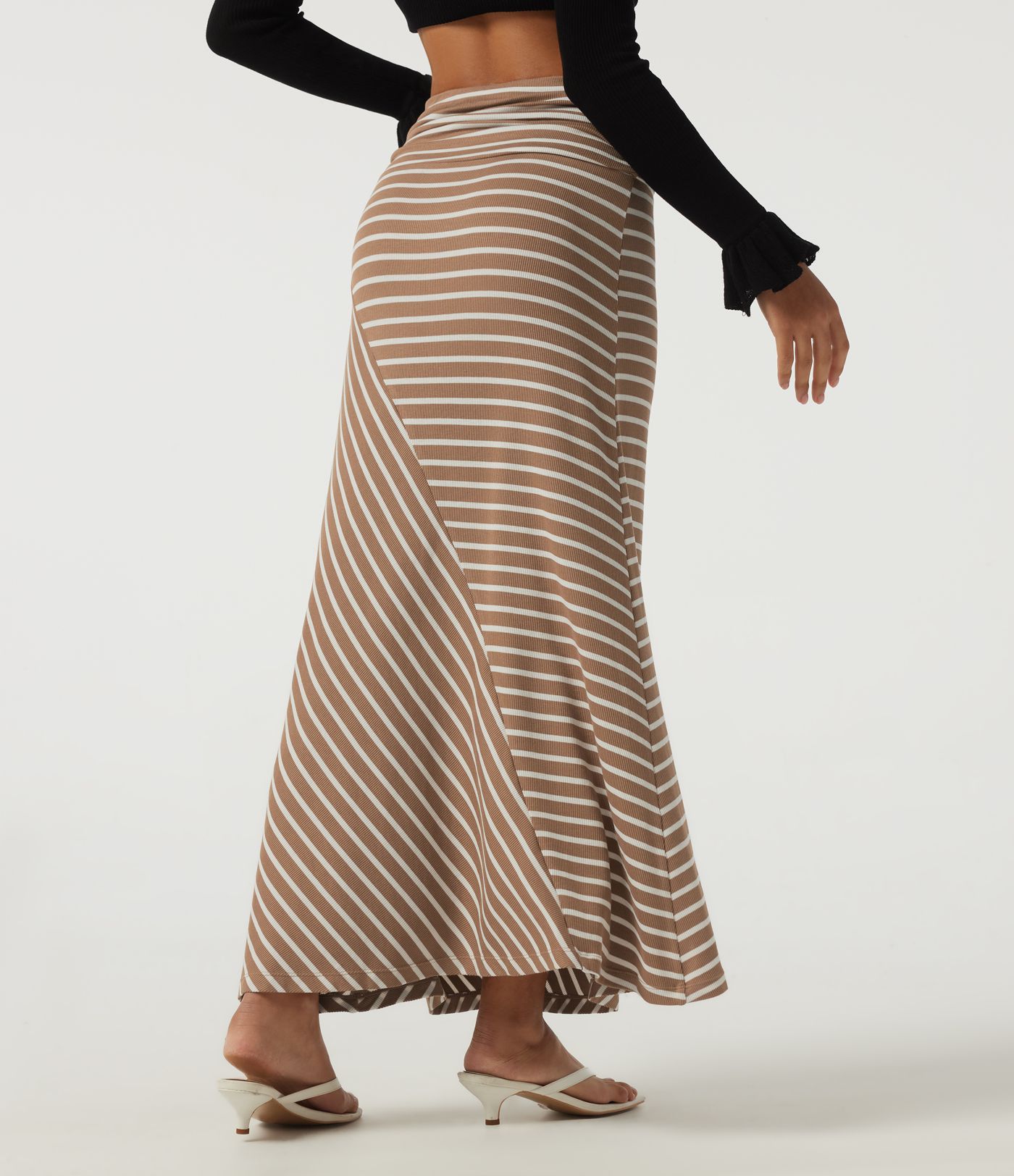 Ribbed Knit Mid Rise Asymmetric Ruched Stripe Maxi Casual Mermaid Skirt Ribbed Knit Mid Rise Asymmetric Ruched Stripe Maxi Casual Mermaid Skirt