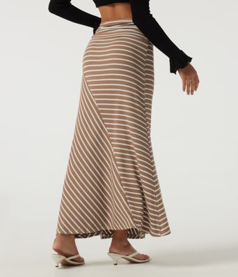 Ribbed Knit Mid Rise Asymmetric Ruched Stripe Maxi Casual Mermaid Skirt Ribbed Knit Mid Rise Asymmetric Ruched Stripe Maxi Casual Mermaid Skirt