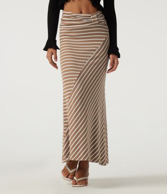 Ribbed Knit Mid Rise Asymmetric Ruched Stripe Maxi Casual Mermaid Skirt Ribbed Knit Mid Rise Asymmetric Ruched Stripe Maxi Casual Mermaid Skirt