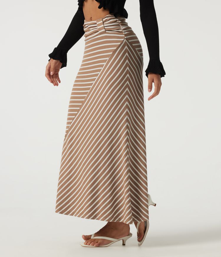 Ribbed Knit Mid Rise Asymmetric Ruched Stripe Maxi Casual Mermaid Skirt Ribbed Knit Mid Rise Asymmetric Ruched Stripe Maxi Casual Mermaid Skirt