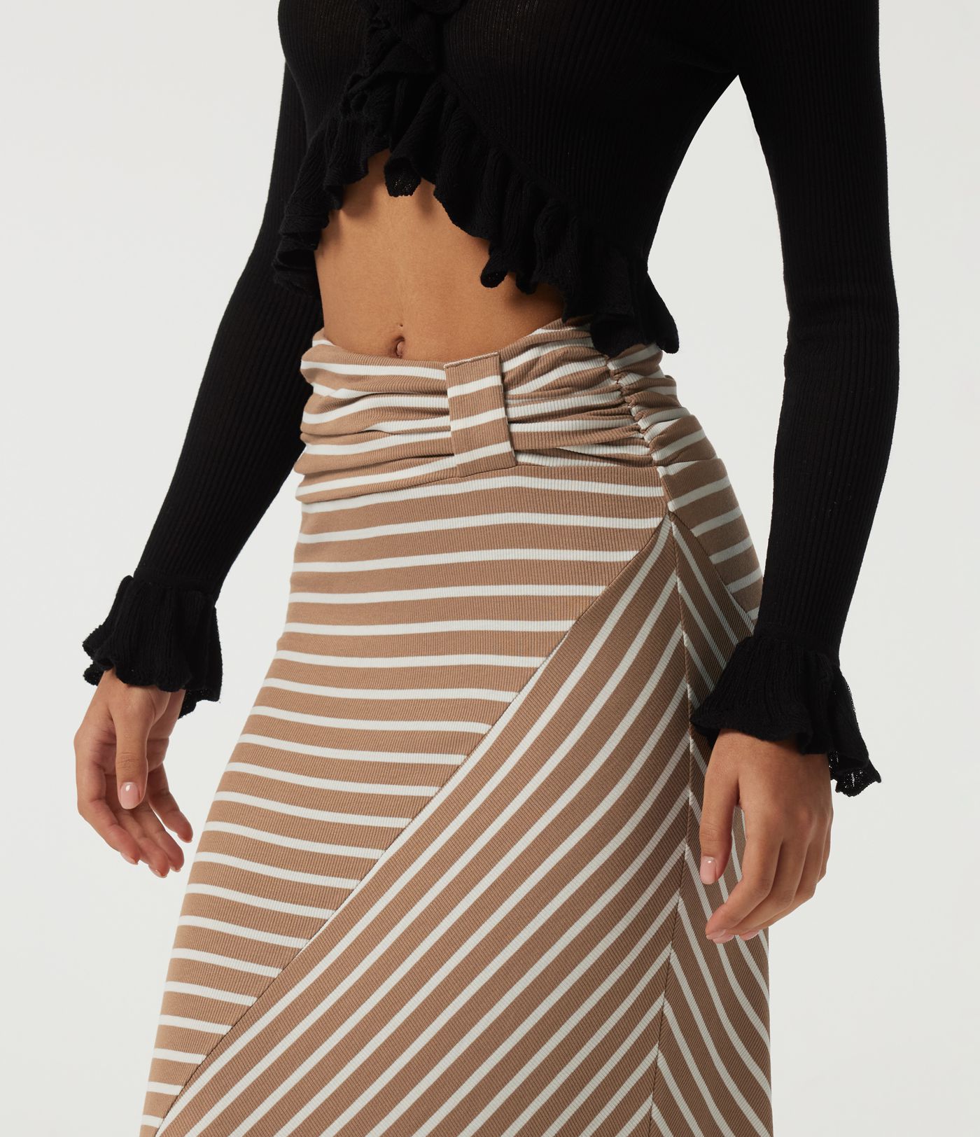 Ribbed Knit Mid Rise Asymmetric Ruched Stripe Maxi Casual Mermaid Skirt Ribbed Knit Mid Rise Asymmetric Ruched Stripe Maxi Casual Mermaid Skirt