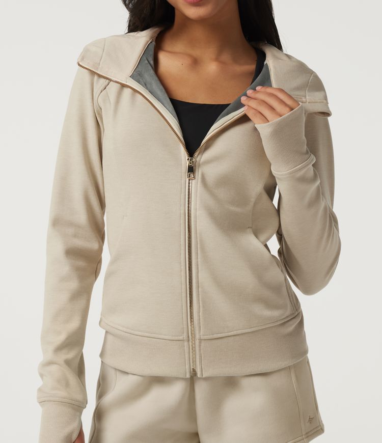 Hooded Raglan Long Sleeve Fleece Workout Sweatshirt with Pockets and Thumb Holes