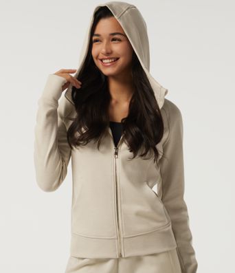 Hooded Raglan Long Sleeve Fleece Workout Sweatshirt with Pockets and Thumb Holes