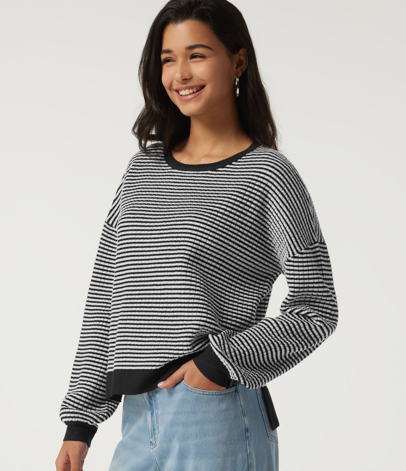 Round Neck Long Sleeve Stripe Waffle Casual Sweater Round Neck Long Sleeve Stripe Waffle Casual Sweater