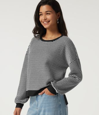 Round Neck Long Sleeve Stripe Waffle Casual Sweater Round Neck Long Sleeve Stripe Waffle Casual Sweater