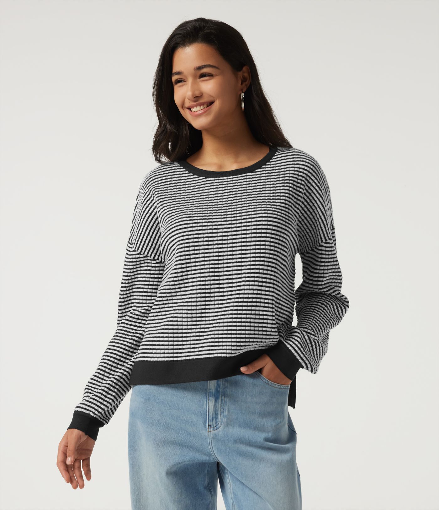 Round Neck Long Sleeve Stripe Waffle Casual Sweater Round Neck Long Sleeve Stripe Waffle Casual Sweater