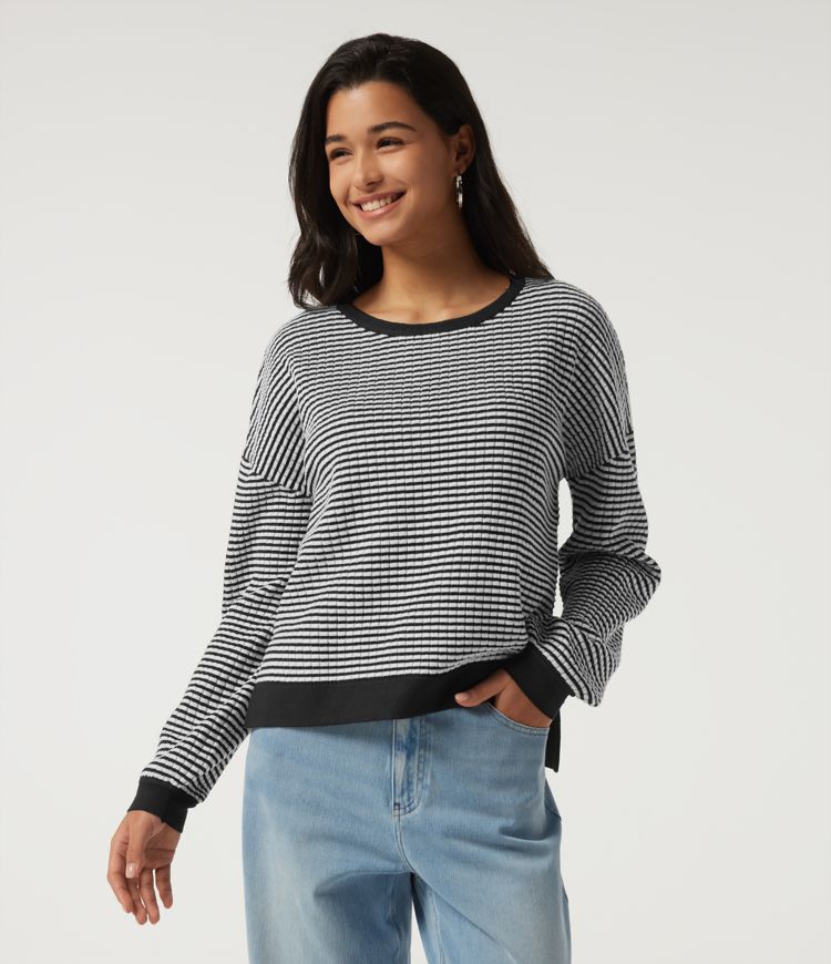 Round Neck Long Sleeve Stripe Waffle Casual Sweater Round Neck Long Sleeve Stripe Waffle Casual Sweater