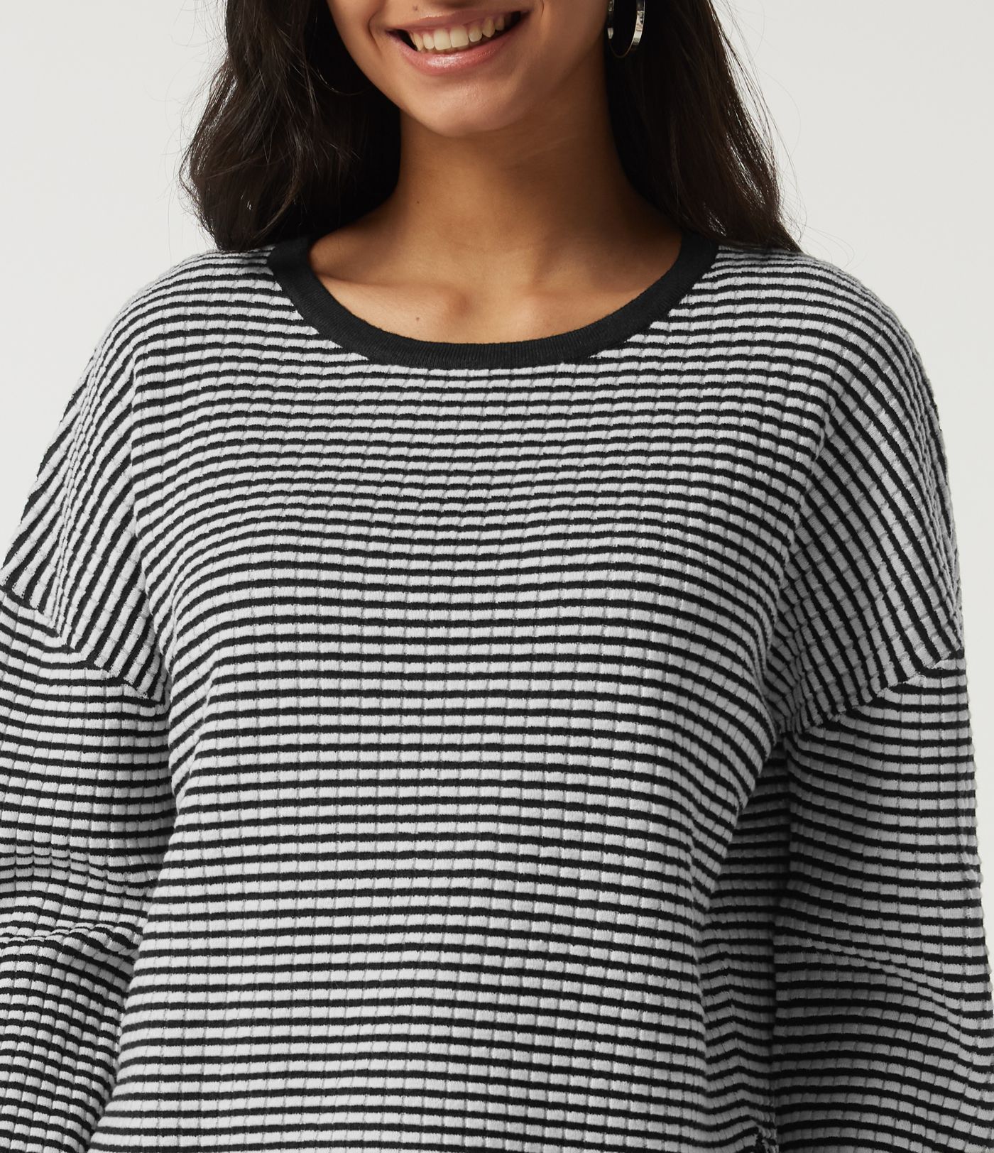 Round Neck Long Sleeve Stripe Waffle Casual Sweater Round Neck Long Sleeve Stripe Waffle Casual Sweater